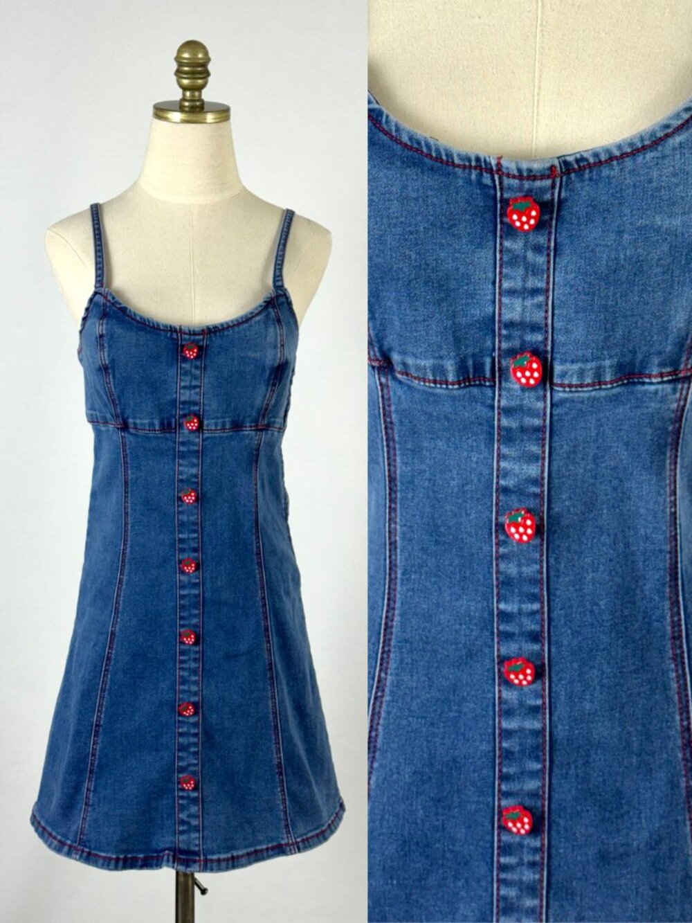 Y2K Denim Babydoll Mini Dress Strawberry Buttons Coquette Girlhoodcore Blue Jean